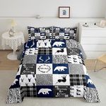 Bear Comforter Set Full Farmhouse Decor,Elk Deer Moose Jungle Wild Animal Western Bedding Set for Girls Boys,Blue Grid Buffalo Checkered Plaid Down Comforter,Tribal Hunting Arrow Cabin Barn Door Quilt