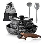 Kitchen Academy Non Stick Cookware Set, 8 Piece Granite-Coated Induction Pots and Pans Set with Detachable Handle, Stackable RV Cooking Set for Camping, Camp, Black