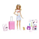 Barbie Doll and Accessories, “Malibu” Travel Set with Puppy and 10+ Pieces Including Working Suitcase, HJY18