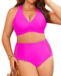 Yonique Womens Two Piece Plus Size Halter Bikini Swimsuits Tummy Control Bathing Suits High Waisted Swimwear, Hot Pink, 16 Plus