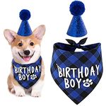 Dog Birthday Bandana, Pets Birthday Party Supplies Cotton Triangle Boy Dog Scarf with Cute Dog Birthday Hat for Small Medium Dogs Cats Costumes Headwear (Blue)