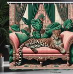 Ambesonne Leopard Shower Curtain, Monstera Leaves Around a Big Wild Cat Lounging Modern Boho Classic Vibes, Cloth Fabric Bathroom Decor Set with Hooks, 69" W x 84" L, Pink and Jade Green