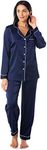 Satini Pyjamas Long Sleeve Button Down Set Satin Sleepwear Nightwear Loungewear (Midnight Blue, S)