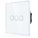 CNBINGO 1-Way Touch Light Switch - White Wall Switch with Glass Panel and Status-LED Backlight - No Neutral Wire Required - 500 W - 3 Gang