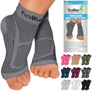 TechWare Pro Ankle Brace Compression Sleeve - Relieves Achilles Tendonitis, Joint Pain. Plantar Fasciitis Foot Sock with Arch Support Reduces Swelling & Heel Spur Pain. (Gray, XXL)