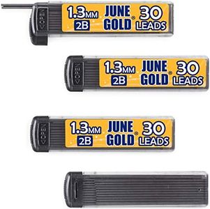 June Gold 120 Pieces, 1.3 mm 2B Lead Refills, 30 Pieces Per Tube, Medium Bold Thickness, Break Resistant Lead/Graphite (Pack of 4 Dispensers)
