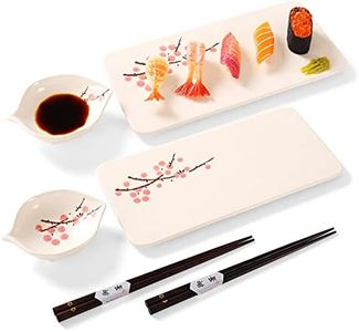 Relaxing Garden Japanese sushi plate set, 10-inch rectangle ceramic sushi dishes, sushi set with 2 japanese dishes and 2 dipping dishes and 2 pairs of chopsticks, sushi serving set for 2