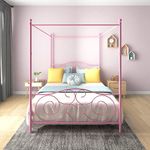 HAHRIR Canopy Bed Frame Platform Metal Bed Frame Heavy Duty Steel Slat and Support with Headboard and Footboard No Box Spring Required (Queen, Pink)