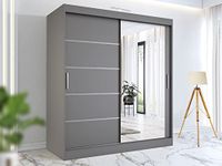 RAC3 Race to Road Stylish Bedroom Sliding Wardrobe with LED Light - Ample Storage Space and Sleek Design comes in White/Grey/Black/Oak and Width 150cm/180cm/203cm/250cm (Grey, 150cm)