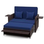 RELAX4LIFE Wicker Patio Outdoor Daybed - Rattan Day Bed Lounger with Loveseat & Storage Ottoman, Sunbed Sofa Set w/Cushions, 4-Level Adjustable Backrest & 2 Retractable Trays, Patio Daybed (Navy)