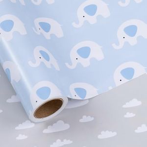 LeZakaa Reversible Blue Baby Shower Wrapping Paper Roll, Elephant in Blue & Cloud in Gray for Baby Shower, Baby Boy's 1st Birthday, Newborn Party, Mini Roll, 17 inches x 32.8 Feet