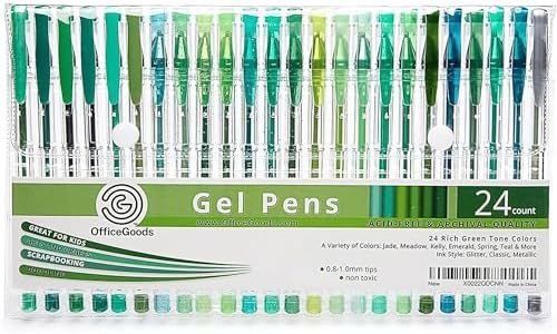 OfficeGoods Gel Pen Sets with 24 Vivid & Premium Colors with a Full Set of Refills Included. Perfect Colors for Nature, Animals, Birds, Oceans & Lake Scenes - with 40 Percent MORE Ink. Green Only