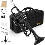 Vangoa Bb Trumpet Brass Standard Black Trumpet Instrument for Student School Band Orchestra Adult Kid Beginner with Hard Case, Stand, Cleaning Kit, White Gloves, Valve Oil and 7C Mouthpiece