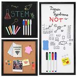 Dry Erase Whiteboard, Cork Bulletin Board, Chalkboard with Natural Wood Black Frame, 3 Pieces, 12" x 12" and 24" x 12", Combination Board 3 in 1 Free Style Mounted…