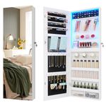 LVSOMT Wall Mount Mirror Jewelry Cabinet with LED Lights, Over the Door Jewelry Organizer, Lockable Jewelry Armoire Mirror, Full Length Mirror with Jewelry Storage, White