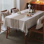 Mokani Middle Embroidery Table Cloth Washable Cotton Linen Tassel Tablecloth, Rectangle Wrinkle Free Anti-Fading Table Cover for Kitchen Dinning Thanksgiving Christmas (55 x 70 Inch, Brown)