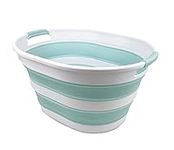 SAMMART 23L (6 Gallons) Collapsible Plastic Laundry Basket - Oval Tub/Basket - Foldable Storage Container/Organizer - Portable Washing Tub - Space Saving Laundry Hamper (White/Lake Green)