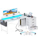 ODK L Shaped Desk with USB Charging Port & Power Outlet, White Desk 55 Inch Computer Desk with 4 Tier Drawer & Monitor Shelf for Home Office Workstation, Writing Desk Corner Desk