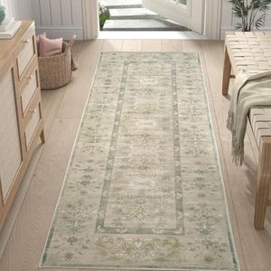 JINCHAN Antibacterial Runner Rug Hallway Indoor Washable Vintage Rug 61x183CM Living Room Floral Print Floor Cover Bathroom Non-Slip Taupe Foldable Carpet for Kids Nursey Bedroom Kitchen Laundry Room