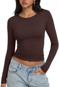 REORIA Long Sleeve Shirts for Women 2025 Fall Fashion Round Neck Basics Y2K Tops Layering Slim Fitted Top