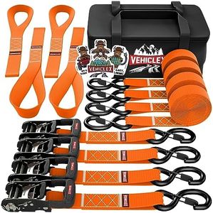 Vehiclex (4PK) Heavy Duty Ratchet Straps & Soft Loops - 1.5" x 8 ft Kit - 4400 lb Break Strength - Motorcycle & Powersports Tie-Downs (Orange) - A Sturdy Bonus Bag & 4 Velcro Loops
