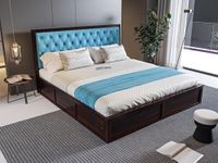 Sheeshamwallah Wooden Queen Size Bed with Box Storage for Bedroom, Blue Upholstered Cushioned Headboard, Solid Sheesham Wood, Walnut Finish, Mattress Size: 78 X 60 in