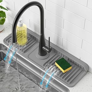 PoYang 17.7 inch Faucet Mat for Kitchen Sink Splash Guard, 7° Slope Silicone Sink Water Splash Guard for Kitchen Sink Area with Snap Button, Long Sink Protectors for kitchen Sink Sponge Holder, Grey