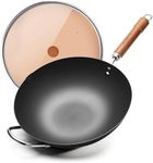 WANGYUANJI Carbon Steel Wok Pan, 12.6" Woks & Stir-Fry Pans with Glass Lid No Chemical Coated Flat Bottom Iron Wok for Induction, Electric, Gas, Halogen All Stoves