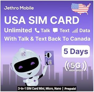 USA SIM Card, Unlimited Call/Text/Data (Uses T-Mobile) 5G/4G LTE High-Speed Coverage, Quick Activation, Unlimited Calling to Canada, Jethro Mobile Prepaid US SIM Card for Canadian Traveler (5 Days)