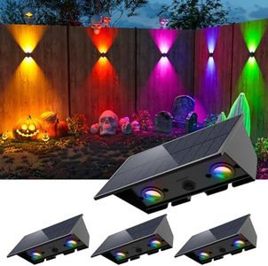 4 Pack Color Changing Solar Powered Fence Lights Outdoor for Halloween Decorations, Spider Web, Pumpkin, Bat Wall Decor, LED Waterproof Yard Lamp Ambient Lighting for Deck Railing, Wall, Patio, Porch