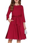 Arshiner Dresses for Girls 3/4 Sleeve Wave Neck Elegant A-Line Pockets Midi Christmas Dress with Bow Belt（Wine Red，10-11Years）