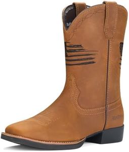 Rollda Leather Cowboy Boots for Men Square Toe Western Boots Flag Embroidered Mid-Calf Boots with Pull On Tabs Size 12
