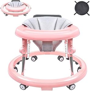 Baby Walker, Foldable 9-Gear Height Adjustable Baby Walker with Wheels, Infant Toddler Walker with Foot Pads, Anti-Fall Baby Walkers and Activity Center Bouncer Combo for Boys and Girls 6-24 Months…