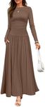 ZESICA Women's Long Sleeve Maxi Dress 2024 Fall Crewneck Knit Casual Slim Swing Pleated Dresses with Pockets,Brown,Medium