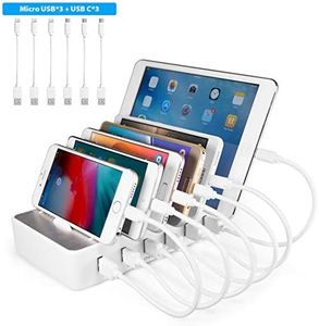 YOJA Station de Charge 6 Port USB Chargeur Multiple Station Recharge Support Charge Station Chargement pour Smartphone avec 6 Câbles Court Blanc (Modèle 2)