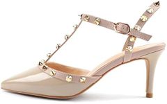 HECATER Kitten Heels Strappy Sandals for Women Slingback Pumps Closed Toe Sandals, Apricot Patent, 10