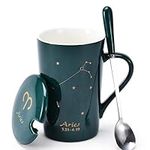 Bruntmor Ceramic Coffee Mug with Constellation Design - Zodiac Sign Mug with Lid, Horoscope Coffee, Tea Cup - Comes in a Box & Spoon - Unique Birthday Astrology Lovers Gifts for Men and Women - Aries