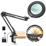 Seylae 12X Magnifying Glass with Light and Clamp, Real Glass Lens Lighted Magnifier with Stand, 5 Color Modes LED Dimmable Magnifying Desk Lamp Hands Free for Crafts Jewelry Painting Sewing Close Work