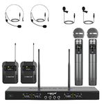 Phenyx Pro Wireless Microphone System, 4-Channel Wireless Mic Set with Handheld/Bodypack/Headset/Lapel Mics, Cordless Mic for Singing, Karaoke, Church (PTU-5200B)