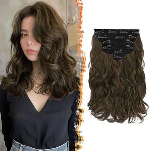 BARSDAR Extension a Clip Cheveux Naturel, 6pcs Courte Ondulés Clip in Extension de Cheveux pour Femmes 30cm Cheveux Synthétique Clip Extension Cheveux Postiche - Marron Châtaigne