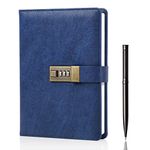 WEMATE Diary with Lock, A5 PU Leather Journal with Combination Lock, Vintage Lock Journal Password Protected Notebook with Pen & Gift Box, Lock Diary Planner Organizer for Women, 8.6x5.8in Blue