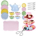 FUQUN 36-Piece Metal Tea Set for Girls | Kids Tea Party Playset Includes Teapot, Cups, Plates, Serving Tray & Cake Stand | Safe & Durable Tin Tea Toys for Pretend Play for Ages 3-8