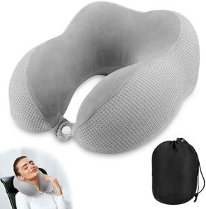 Coussin Voyage, Oreiller de Voyage, Coussin de Voyage en Mousse à Mémoire Forme, Coussin Avion, Oreiller Cervical avec Masque pour Dormir, Bouchons d’Oreilles & Sac de Rangement, pour Voyage, Gris
