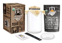 Kombucha Essentials Kit - Includes USDA Organic Kombucha SCOBY + 1-Gallon Glass Fermenting Jar with Breathable Cover + pH Strips + Rubber Band + Adhesive Thermometer - Brew kombucha at Home