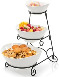 Covzoe 3 Tiered Serving Bowl Set, Ceramic Chip and Dip Serving Dishes with Collapsible Metal Rack, Appetizer Serving Platters Food Display Stand for Fruit Dessert Parties Entertaining