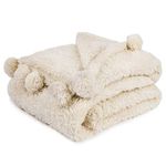 PAVILIA Ivory Cream Sherpa Throw Blanket with Soft Pom Pom Fringe, Plush Cozy Warm Blankets for Couch Bed Sofa, Fuzzy Fleece Throw with Pompom, Lightweight Fluffy, Ivory 50x60 in