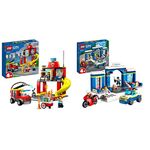 LEGO 60375 City Fire Station and Fire Engine Learning Toys for Kids 4 Plus Years Old Boys & Girls & 60370 City Police Station Chase Playset with Car Toy and Motorbike, Breakout Jail