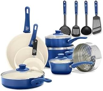 GreenLife Soft Grip Healthy Ceramic Nonstick, 16 pc Cookware Pots and Pans Set, PFAS-Free, Dishwasher Safe, Blue