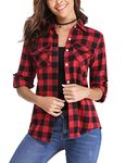 Totatuit Women Checked Top Casual Long Sleeve Button Down Flannel Ladies Plaid Blouse Shirt V Neck with Pocket Red