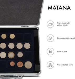 MATANA Premium Aluminium Lockable Coin Storage Case – 6 Trays, Holds 100+ Coins